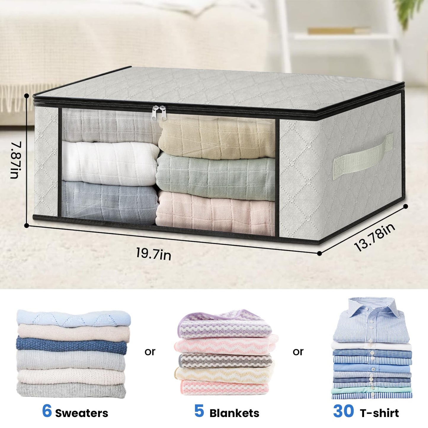 HomeHacks Storage 3-Pack Clothes Organizer Storage Bags Foldable Storage Box with Large Clear Window Sturdy Handles for Closet, Dorm, Pillows, Bedding, Clothes, Blankets, 35L, Gray