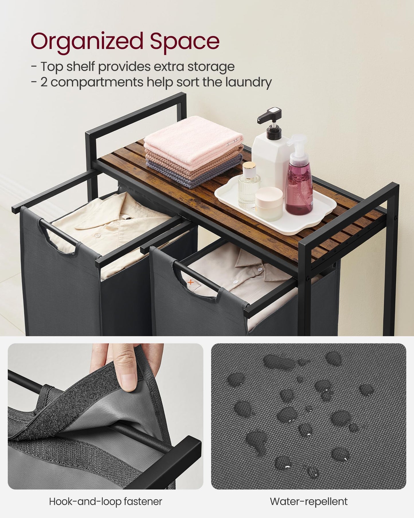 VASAGLE Laundry Hamper, Laundry Basket, Laundry Sorter with 3 Pull-Out and Removable Bags, Shelf, Metal Frame, 3 x 10 Gallons (38L), 36.4 x 13 x 28.4 Inches, Rustic Brown and Black UBLH301B01