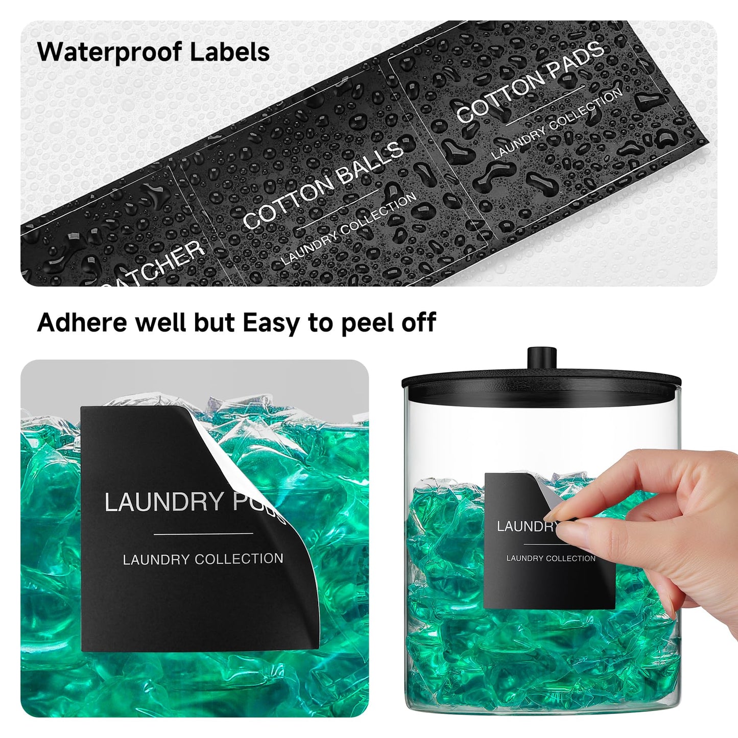 Glass Jars and Acrylic Dryer Sheet Holder, Laundry Pods Container with Bamboo Lid and 27 Labels, Powder Detergent Containers for Laundry Room Organization, Storage Jars Set (3 Pack)