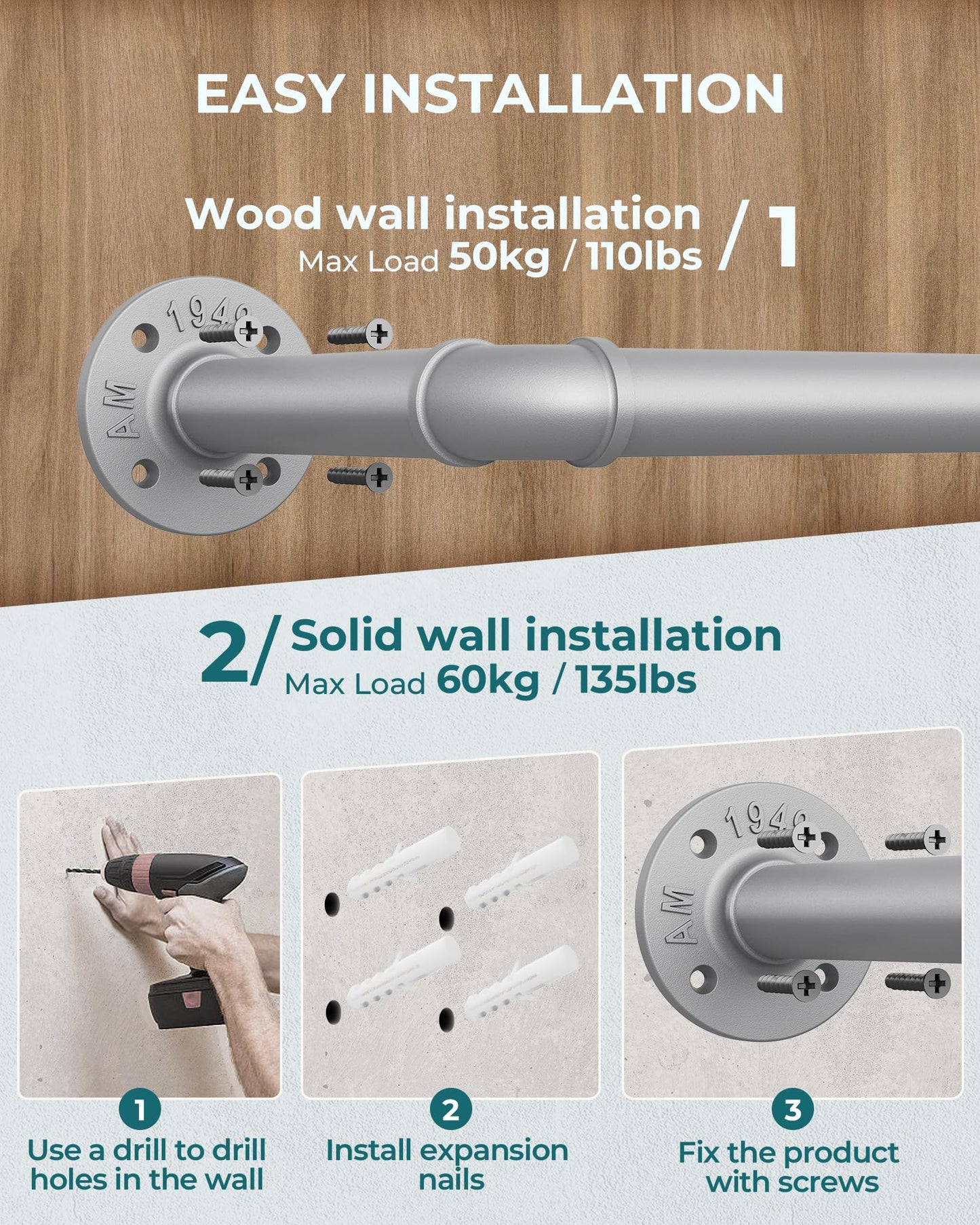 OROPY Industrial Pipe Clothes Rack Wall Mounted Set of 2, 38.4 inches Heavy Duty Iron Pipe Clothing Garment Rail, Multi-Purpose Clothing Hanging Rod for Laundry Room and Closet Storage