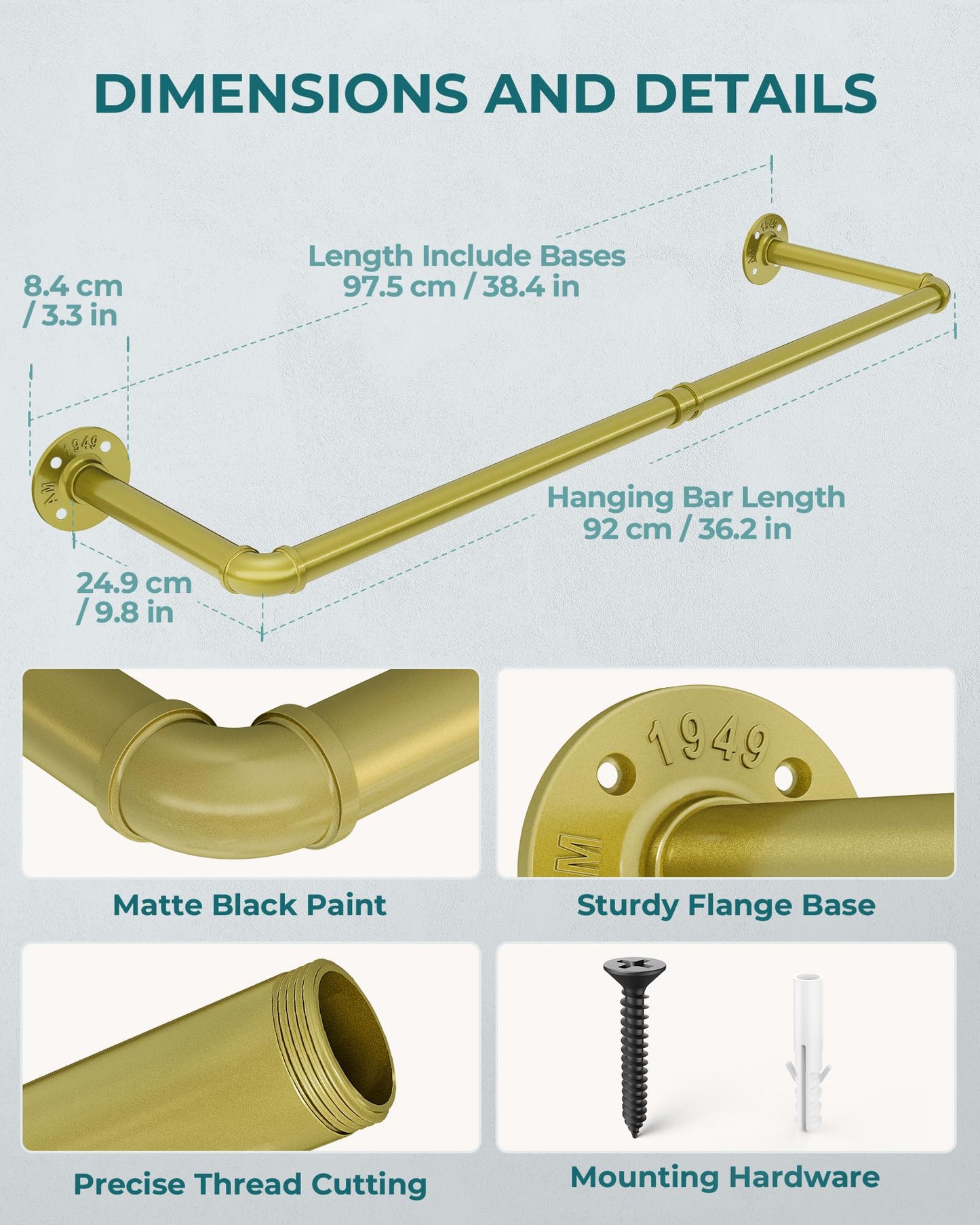 OROPY Industrial Pipe Clothes Rack Wall Mounted Set of 2, 38.4 inches Heavy Duty Iron Pipe Clothing Garment Rail, Multi-Purpose Clothing Hanging Rod for Laundry Room and Closet Storage