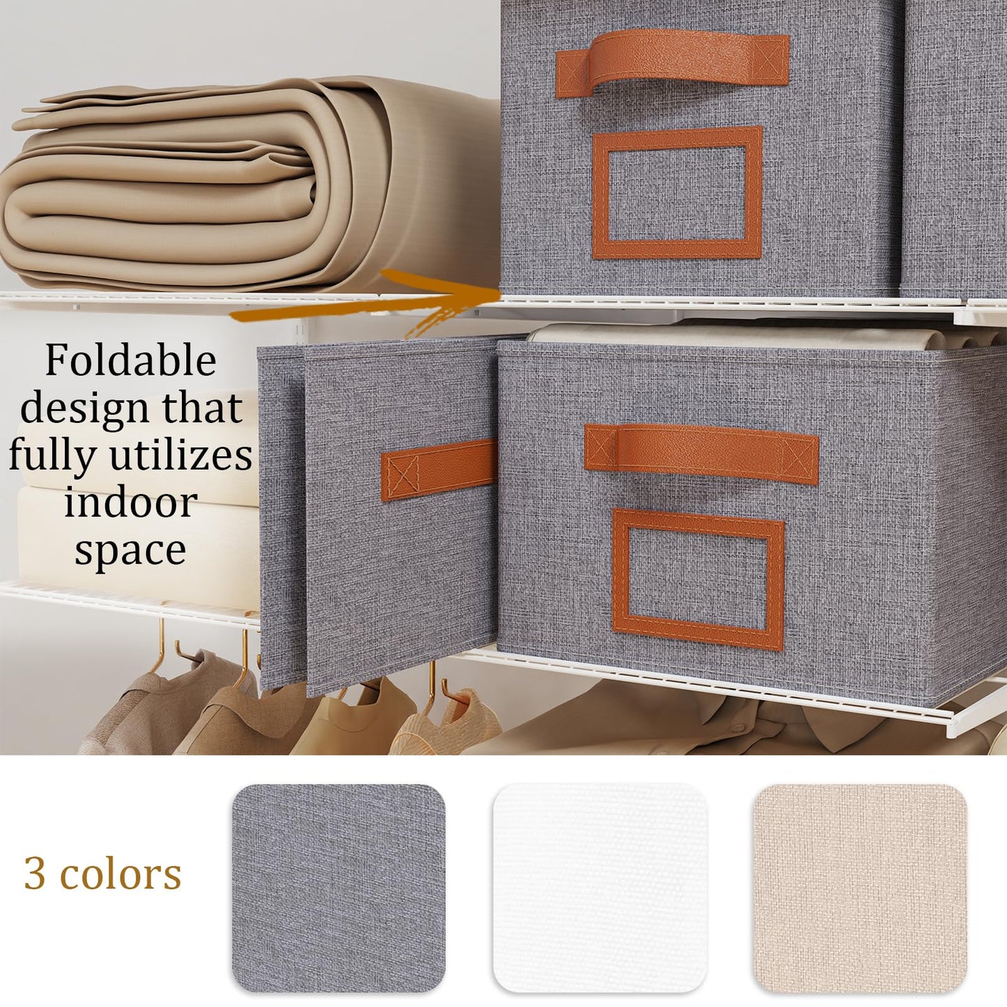 OUTBROS Foldable Storage Box for Shelves, 15 x 10.2 x 7.9 inch Fabric Baskets, Wardrobe Organiser with Handles, Suitable for Storing Clothes, Books, Cosmetics (Gray, 3-Pack)