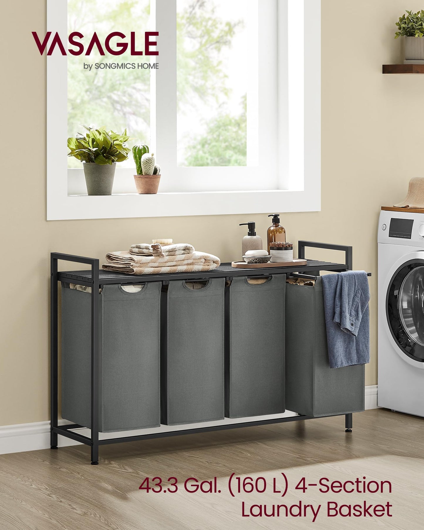 VASAGLE Laundry Hamper, Laundry Basket, Laundry Sorter with 3 Pull-Out and Removable Bags, Shelf, Metal Frame, 3 x 10 Gallons (38L), 36.4 x 13 x 28.4 Inches, Rustic Brown and Black UBLH301B01