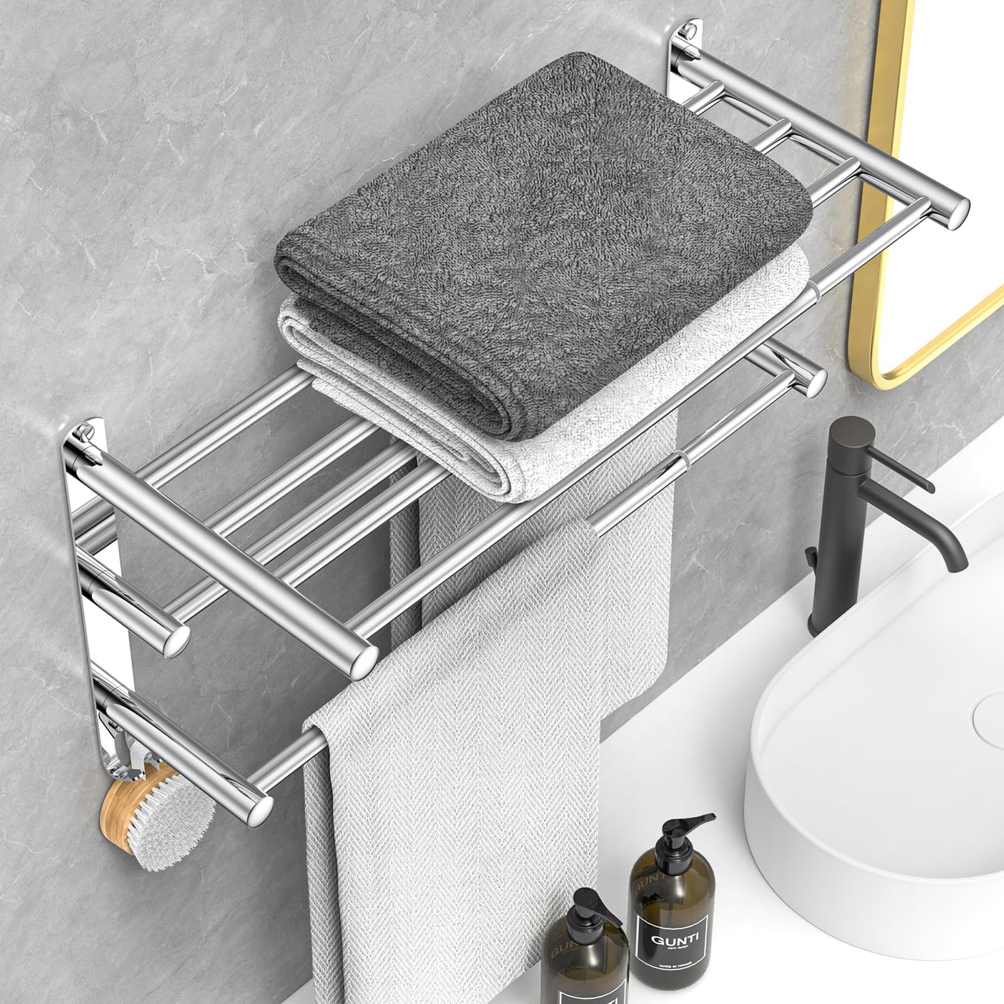 Adjustable Towel Bar for Bathroom Wall Mount17-30.7inch Adhesive Shower Towel Rack Stainless Steel Bath Towel Holders for Toilet Kitchen Double Towel Hanger (Double Towel Rack)