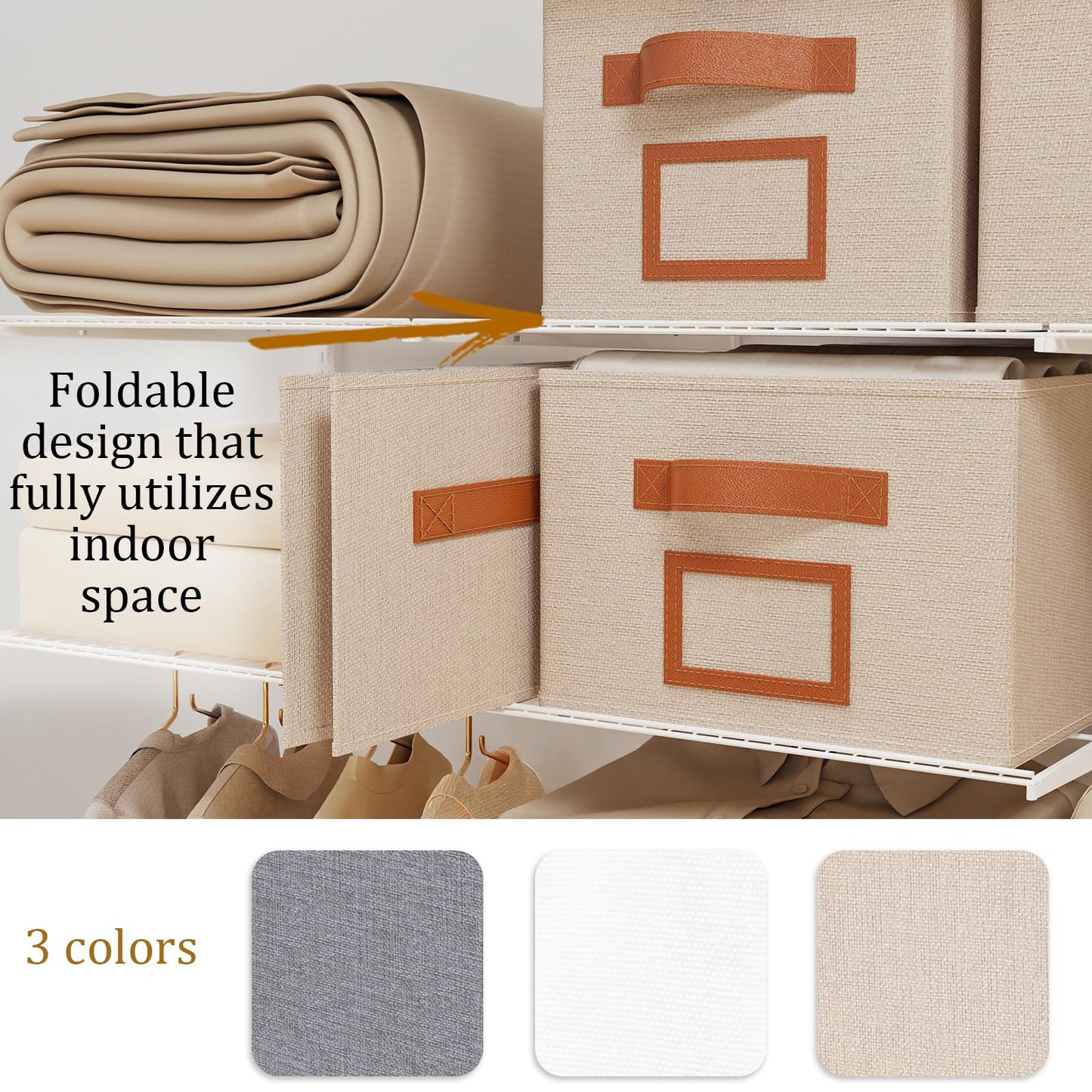 OUTBROS Foldable Storage Box for Shelves, 15 x 10.2 x 7.9 inch Fabric Baskets, Wardrobe Organiser with Handles, Suitable for Storing Clothes, Books, Cosmetics (Gray, 3-Pack)