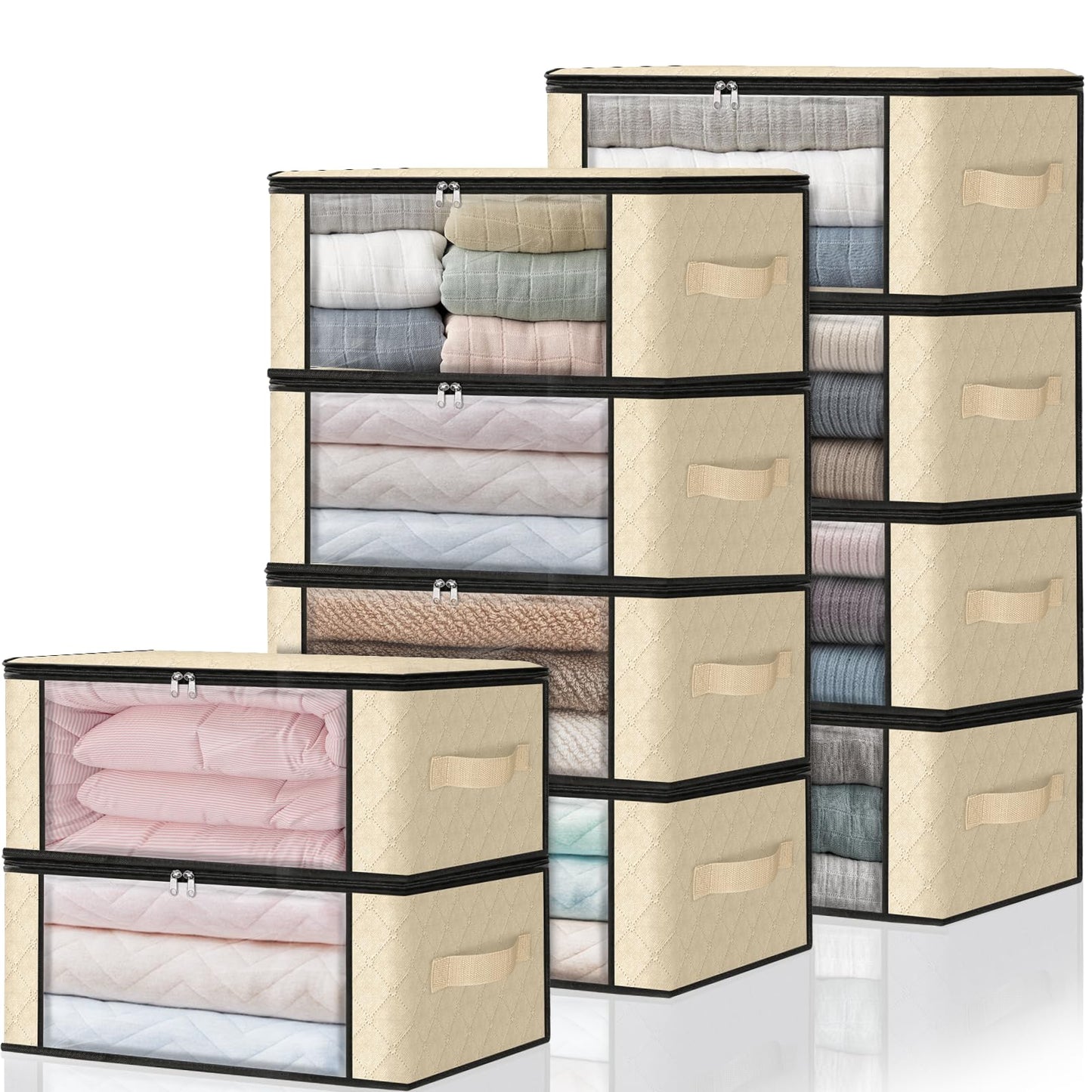 HomeHacks Storage 3-Pack Clothes Organizer Storage Bags Foldable Storage Box with Large Clear Window Sturdy Handles for Closet, Dorm, Pillows, Bedding, Clothes, Blankets, 35L, Gray