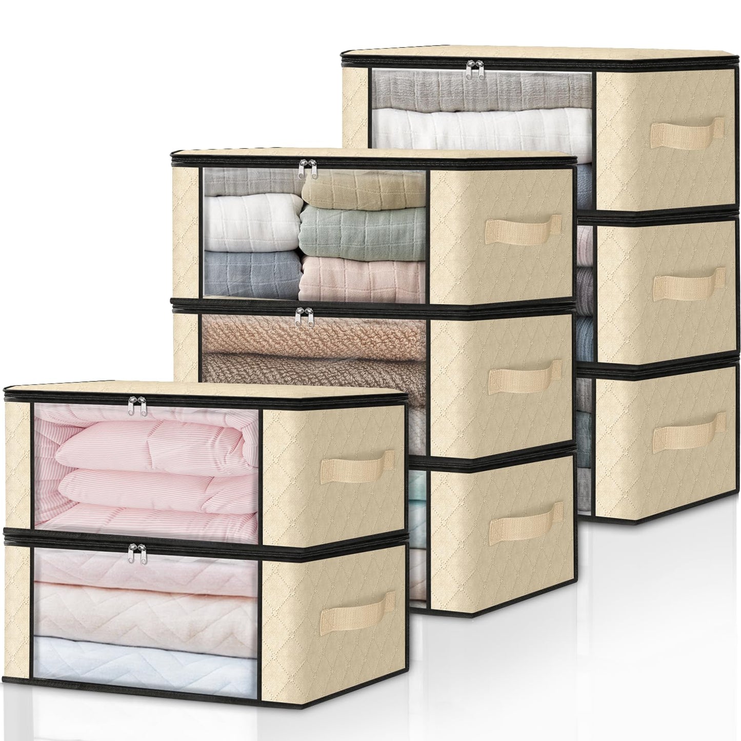 HomeHacks Storage 3-Pack Clothes Organizer Storage Bags Foldable Storage Box with Large Clear Window Sturdy Handles for Closet, Dorm, Pillows, Bedding, Clothes, Blankets, 35L, Gray