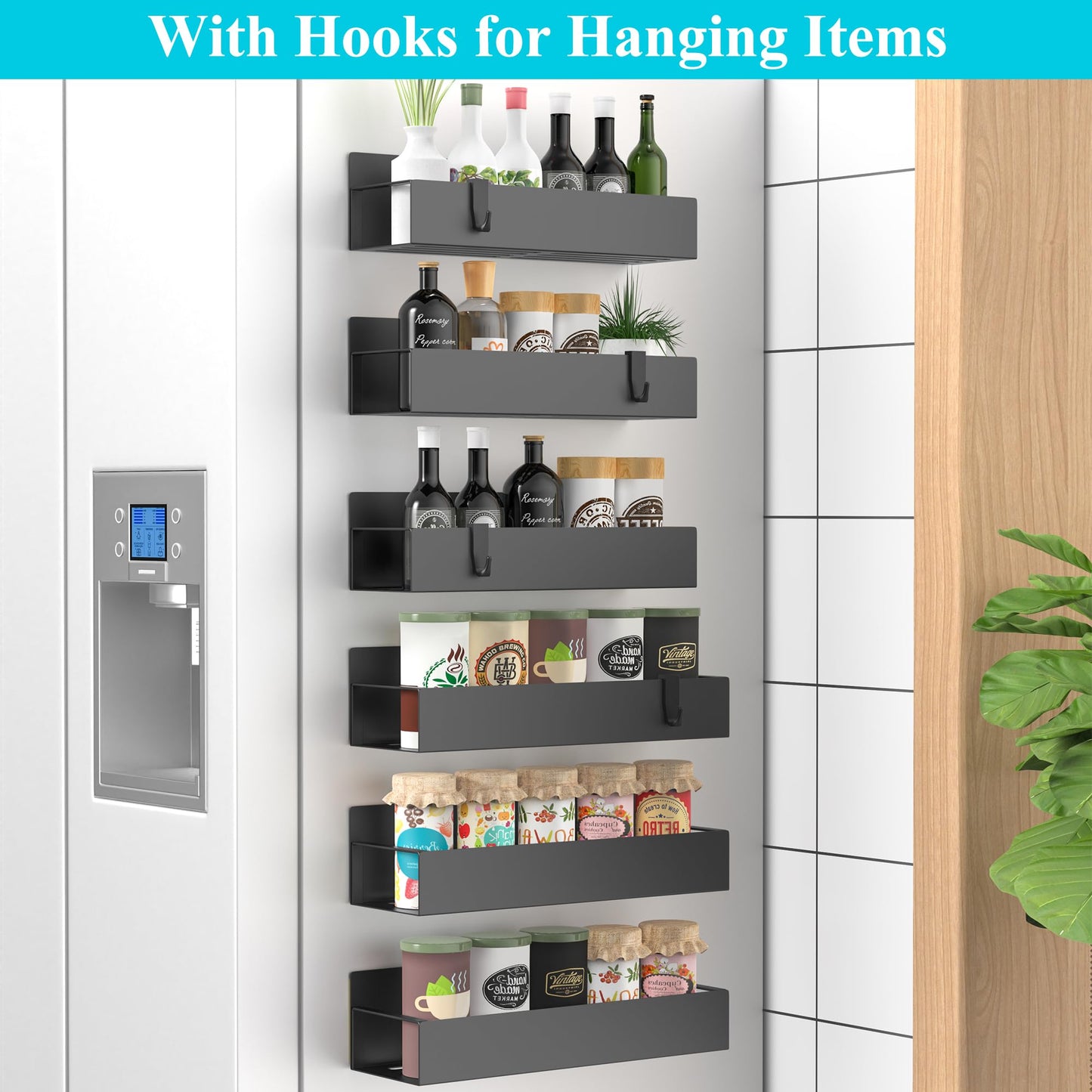 6 Pack Magnetic Spice Storage Rack Organizer for Refrigerator and Oven, Black Fridge Organizers and Storage
