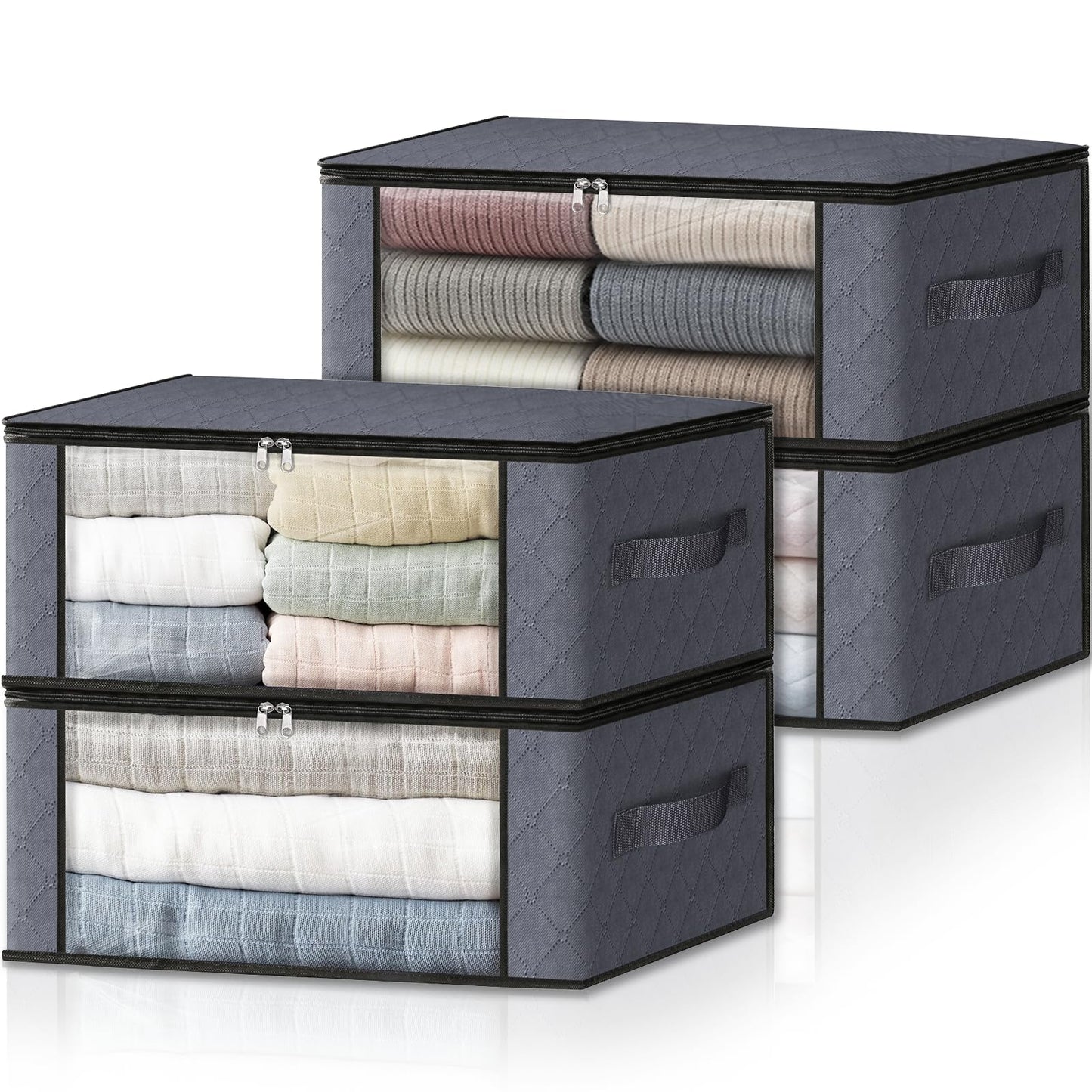 HomeHacks Storage 3-Pack Clothes Organizer Storage Bags Foldable Storage Box with Large Clear Window Sturdy Handles for Closet, Dorm, Pillows, Bedding, Clothes, Blankets, 35L, Gray
