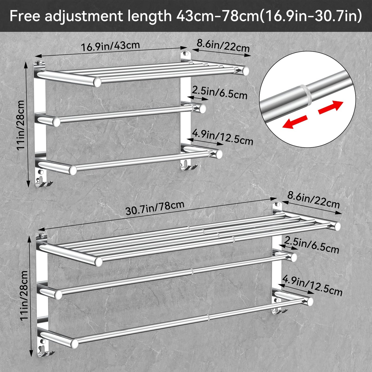 Adjustable Towel Bar for Bathroom Wall Mount17-30.7inch Adhesive Shower Towel Rack Stainless Steel Bath Towel Holders for Toilet Kitchen Double Towel Hanger (Double Towel Rack)