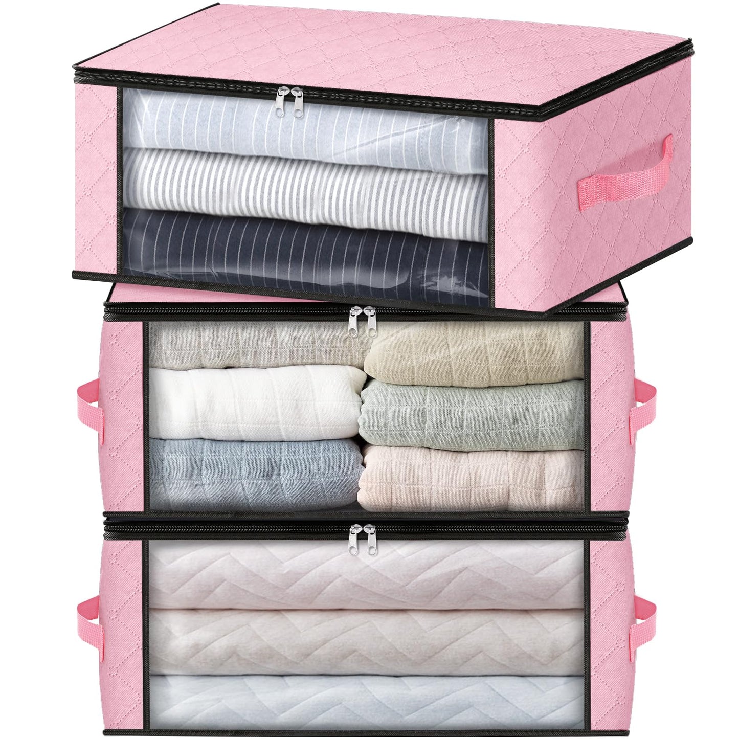 HomeHacks Storage 3-Pack Clothes Organizer Storage Bags Foldable Storage Box with Large Clear Window Sturdy Handles for Closet, Dorm, Pillows, Bedding, Clothes, Blankets, 35L, Gray