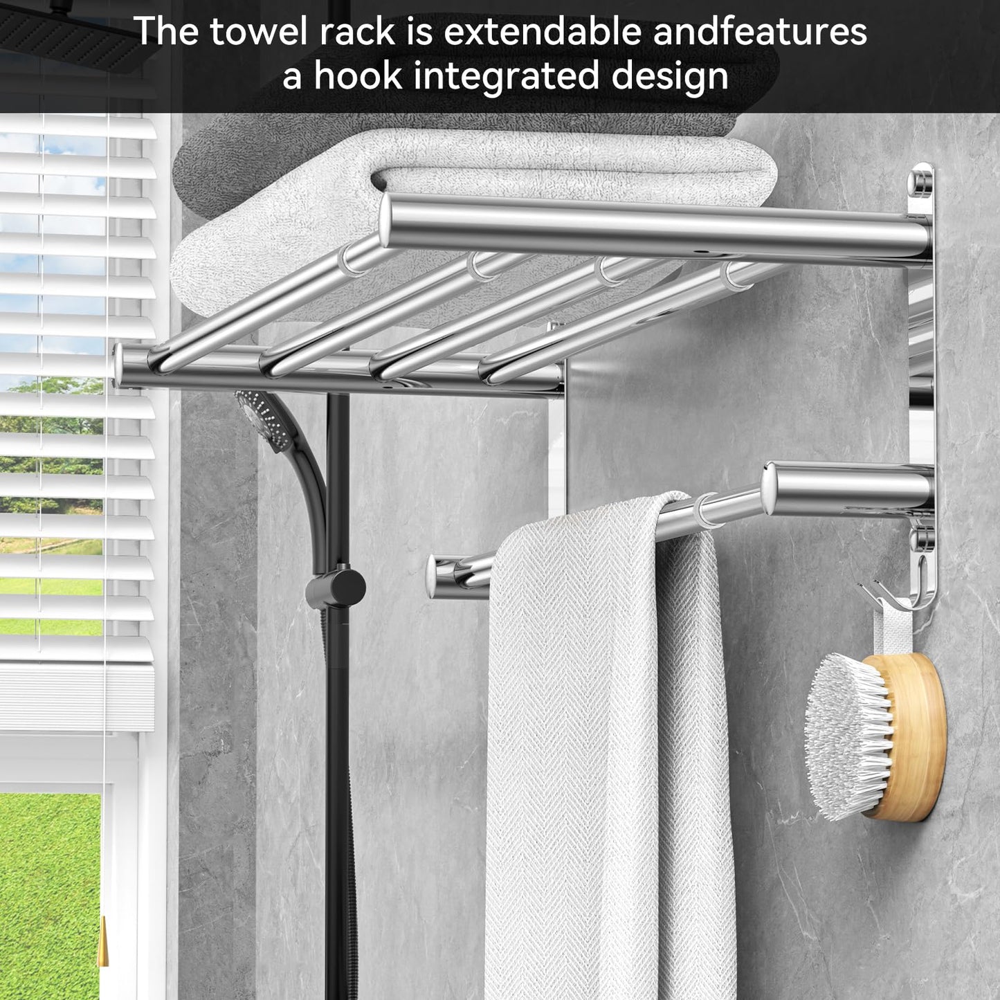 Adjustable Towel Bar for Bathroom Wall Mount17-30.7inch Adhesive Shower Towel Rack Stainless Steel Bath Towel Holders for Toilet Kitchen Double Towel Hanger (Double Towel Rack)