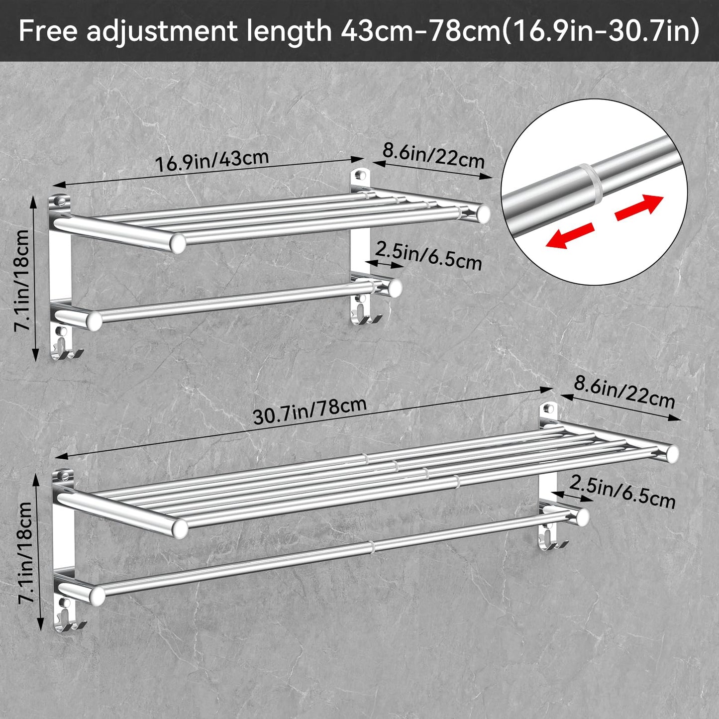 Adjustable Towel Bar for Bathroom Wall Mount17-30.7inch Adhesive Shower Towel Rack Stainless Steel Bath Towel Holders for Toilet Kitchen Double Towel Hanger (Double Towel Rack)
