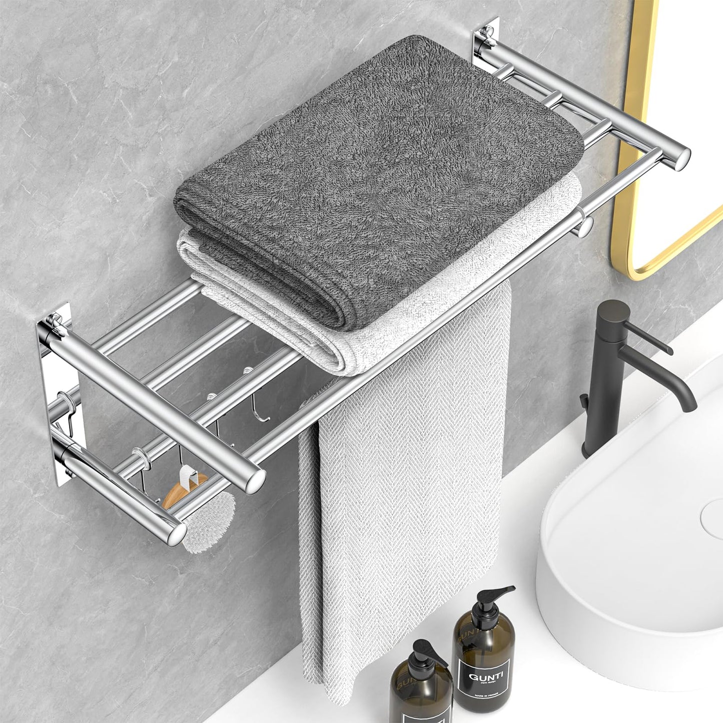 Adjustable Towel Bar for Bathroom Wall Mount17-30.7inch Adhesive Shower Towel Rack Stainless Steel Bath Towel Holders for Toilet Kitchen Double Towel Hanger (Double Towel Rack)