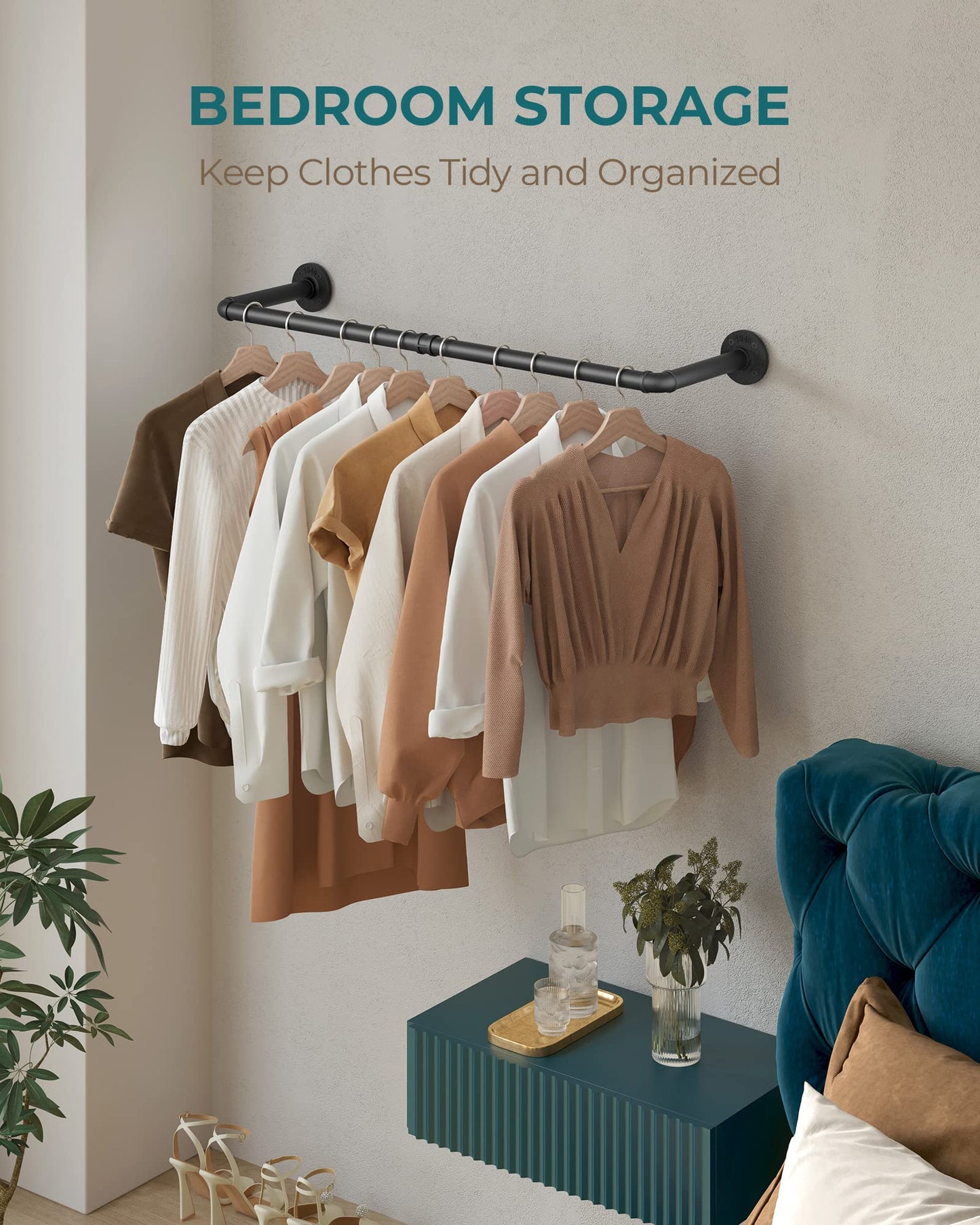 OROPY Industrial Pipe Clothes Rack Wall Mounted Set of 2, 38.4 inches Heavy Duty Iron Pipe Clothing Garment Rail, Multi-Purpose Clothing Hanging Rod for Laundry Room and Closet Storage