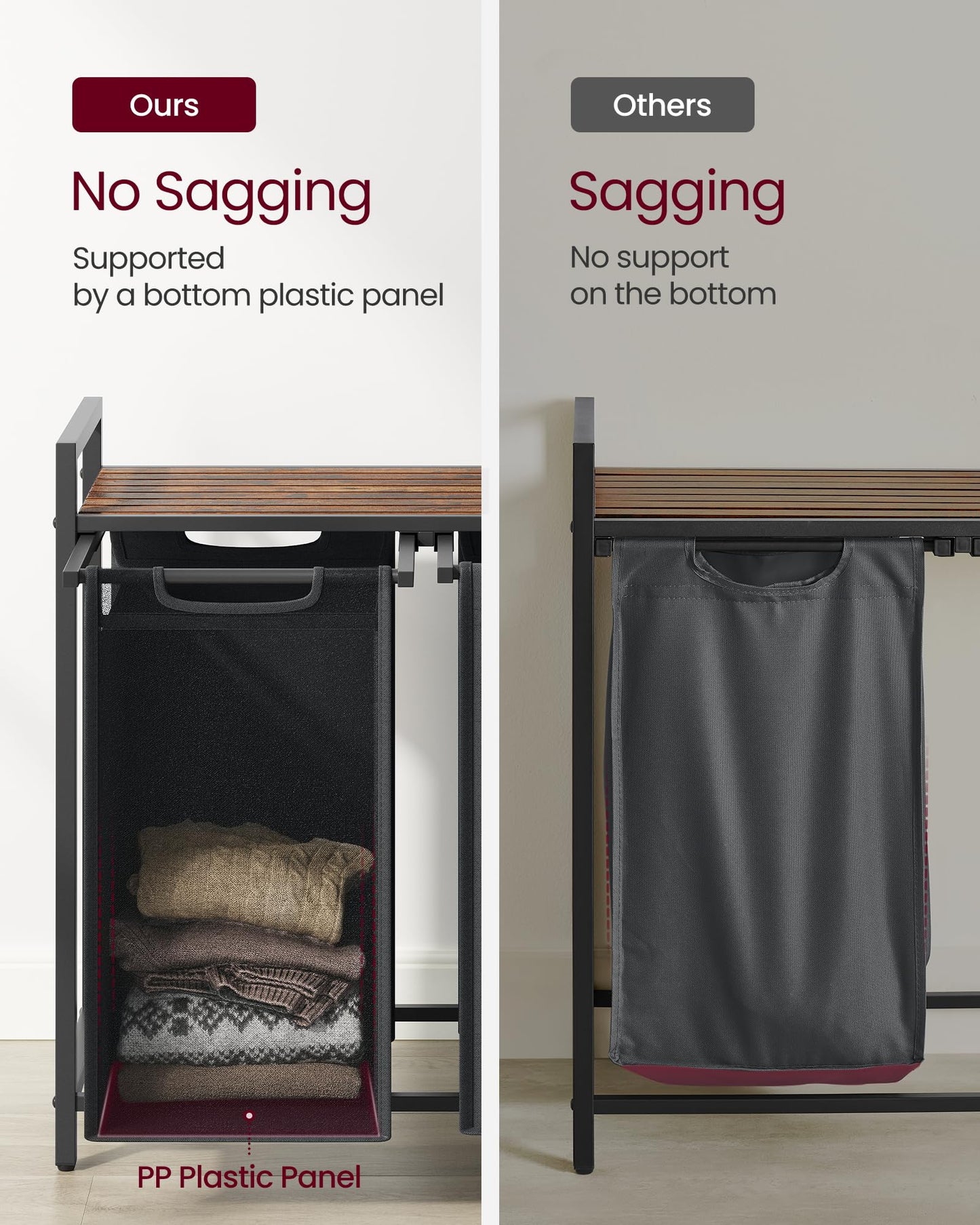VASAGLE Laundry Hamper, Laundry Basket, Laundry Sorter with 3 Pull-Out and Removable Bags, Shelf, Metal Frame, 3 x 10 Gallons (38L), 36.4 x 13 x 28.4 Inches, Rustic Brown and Black UBLH301B01