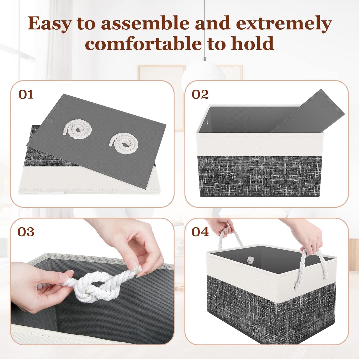 Storage Bin,Collapsible Storage Basket For Organizing,Large Storage Boxes With Rope Handles,Storage Containers,Gradient Grey,3 Pack