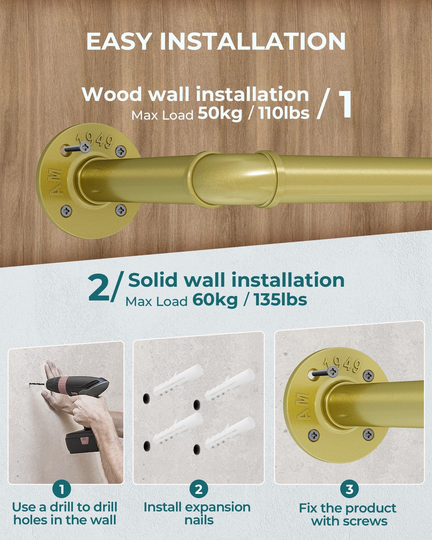 OROPY Industrial Pipe Clothes Rack Wall Mounted Set of 2, 38.4 inches Heavy Duty Iron Pipe Clothing Garment Rail, Multi-Purpose Clothing Hanging Rod for Laundry Room and Closet Storage