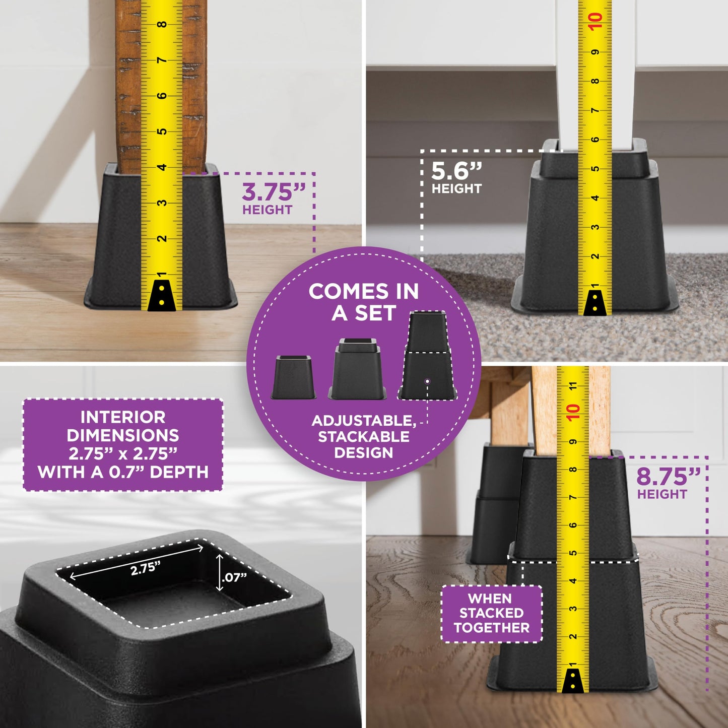 HOLDN’ STORAGE Adjustable Bed Risers and Furniture Risers-Stackable Bed Lift 3, 5, or 8 Inch-Set of 4 Bed Risers-Heavy Duty-Perfect for College Dorms- Supports up to 1,300 lbs–Fits Legs up to 2.75” W