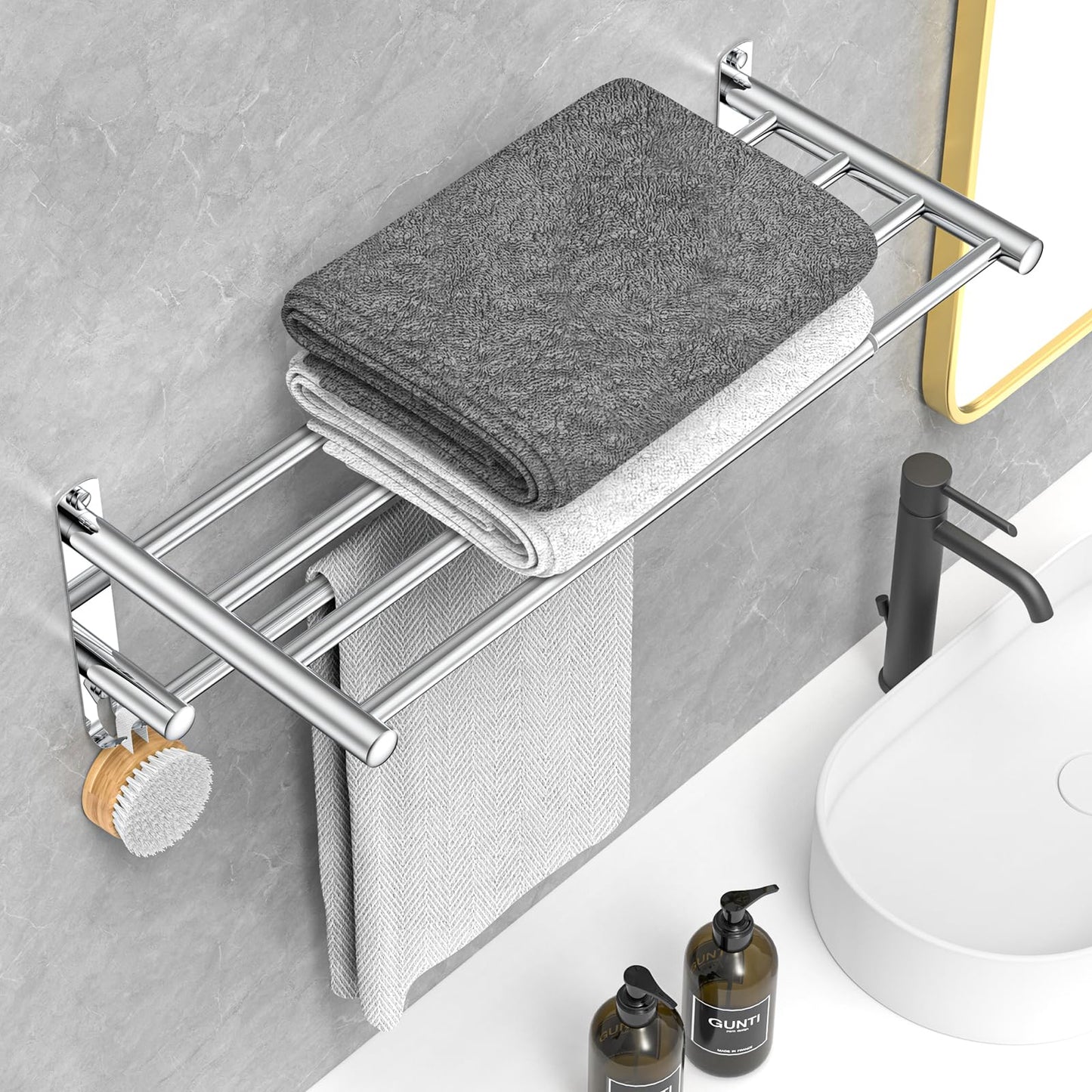 Adjustable Towel Bar for Bathroom Wall Mount17-30.7inch Adhesive Shower Towel Rack Stainless Steel Bath Towel Holders for Toilet Kitchen Double Towel Hanger (Double Towel Rack)