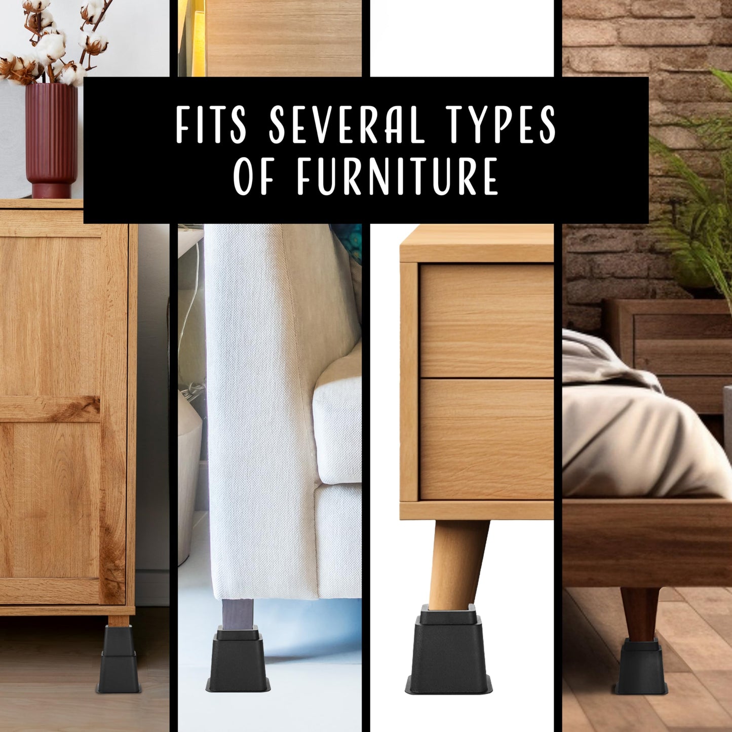 HOLDN’ STORAGE Adjustable Bed Risers and Furniture Risers-Stackable Bed Lift 3, 5, or 8 Inch-Set of 4 Bed Risers-Heavy Duty-Perfect for College Dorms- Supports up to 1,300 lbs–Fits Legs up to 2.75” W