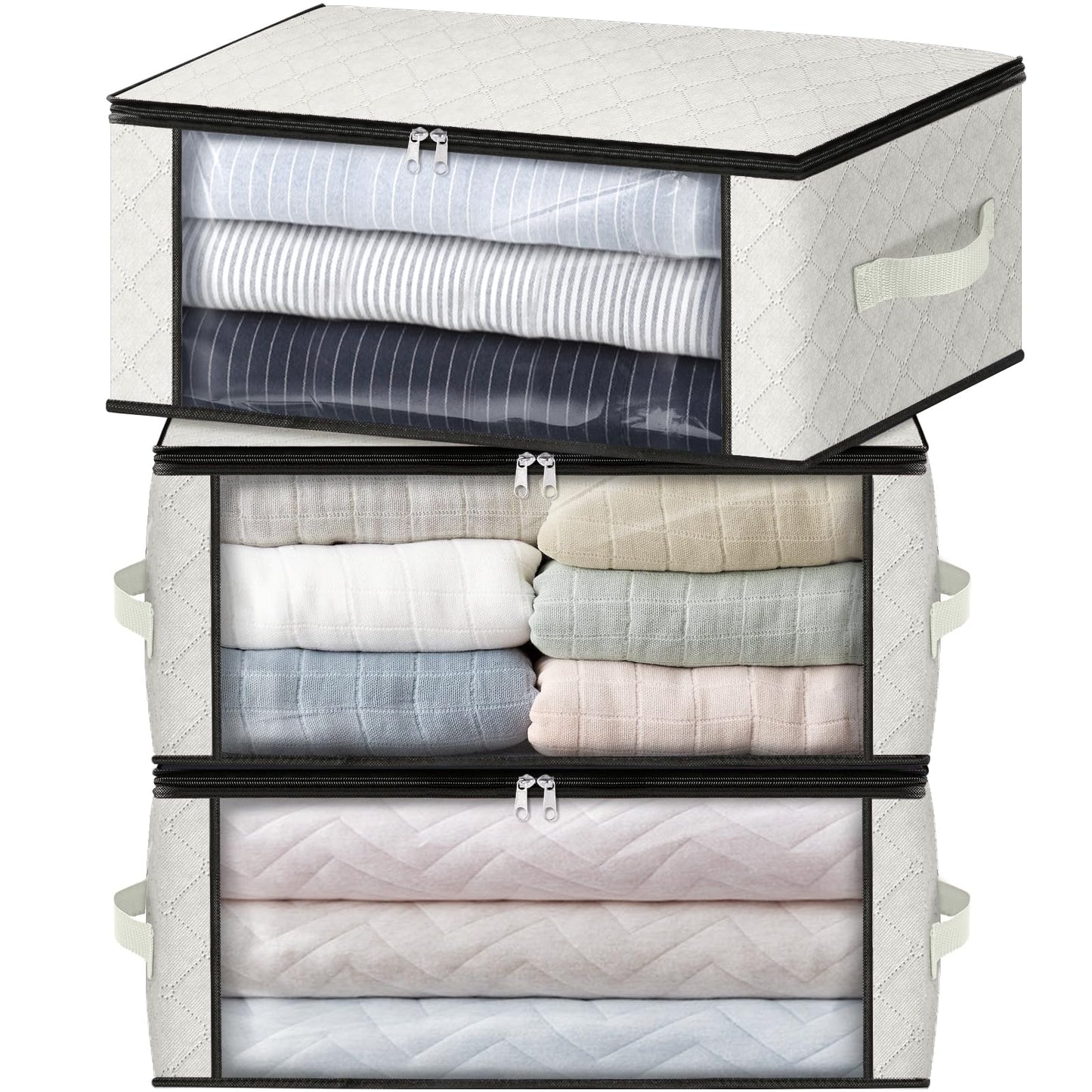 HomeHacks Storage 3-Pack Clothes Organizer Storage Bags Foldable Storage Box with Large Clear Window Sturdy Handles for Closet, Dorm, Pillows, Bedding, Clothes, Blankets, 35L, Gray