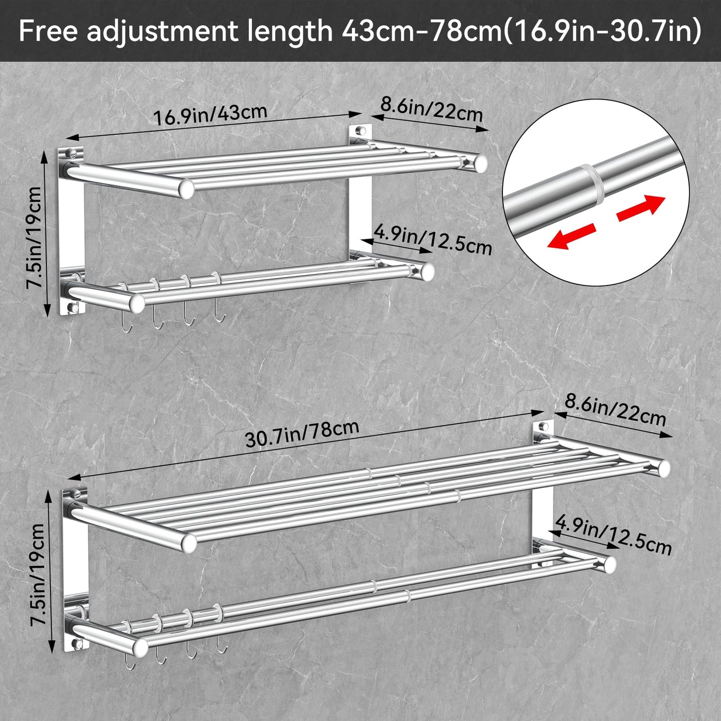 Adjustable Towel Bar for Bathroom Wall Mount17-30.7inch Adhesive Shower Towel Rack Stainless Steel Bath Towel Holders for Toilet Kitchen Double Towel Hanger (Double Towel Rack)