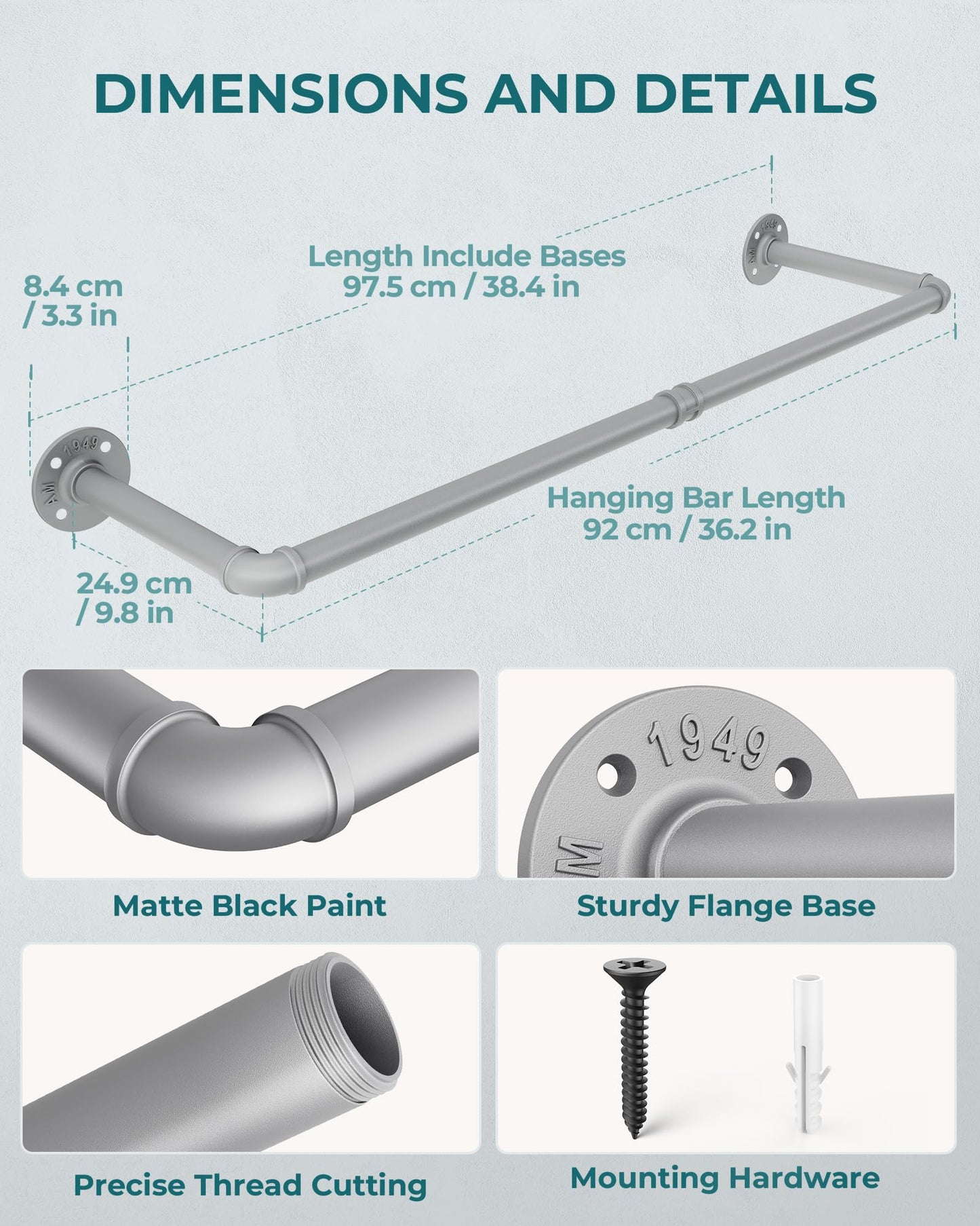 OROPY Industrial Pipe Clothes Rack Wall Mounted Set of 2, 38.4 inches Heavy Duty Iron Pipe Clothing Garment Rail, Multi-Purpose Clothing Hanging Rod for Laundry Room and Closet Storage