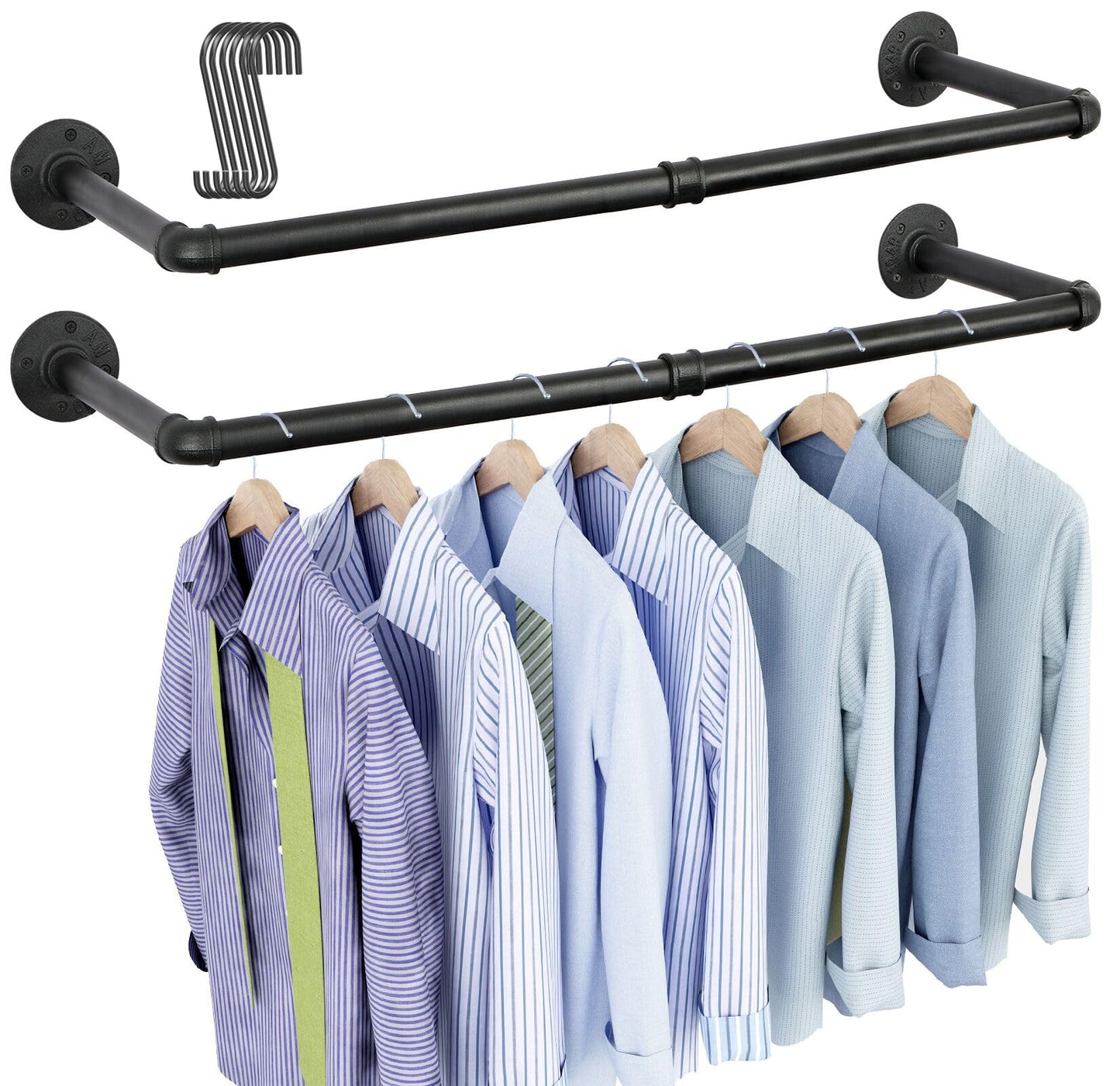 OROPY Industrial Pipe Clothes Rack Wall Mounted Set of 2, 38.4 inches Heavy Duty Iron Pipe Clothing Garment Rail, Multi-Purpose Clothing Hanging Rod for Laundry Room and Closet Storage