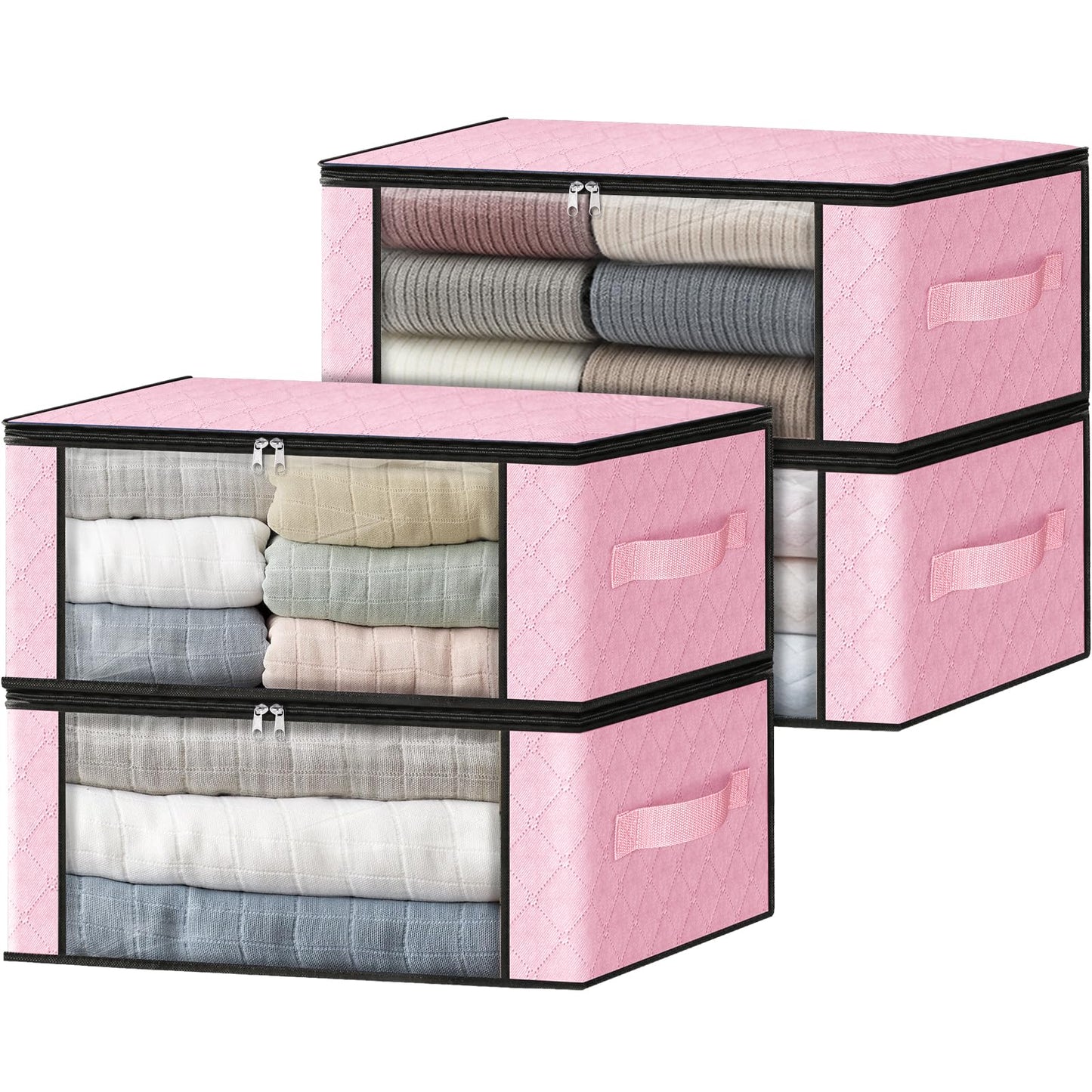 HomeHacks Storage 3-Pack Clothes Organizer Storage Bags Foldable Storage Box with Large Clear Window Sturdy Handles for Closet, Dorm, Pillows, Bedding, Clothes, Blankets, 35L, Gray