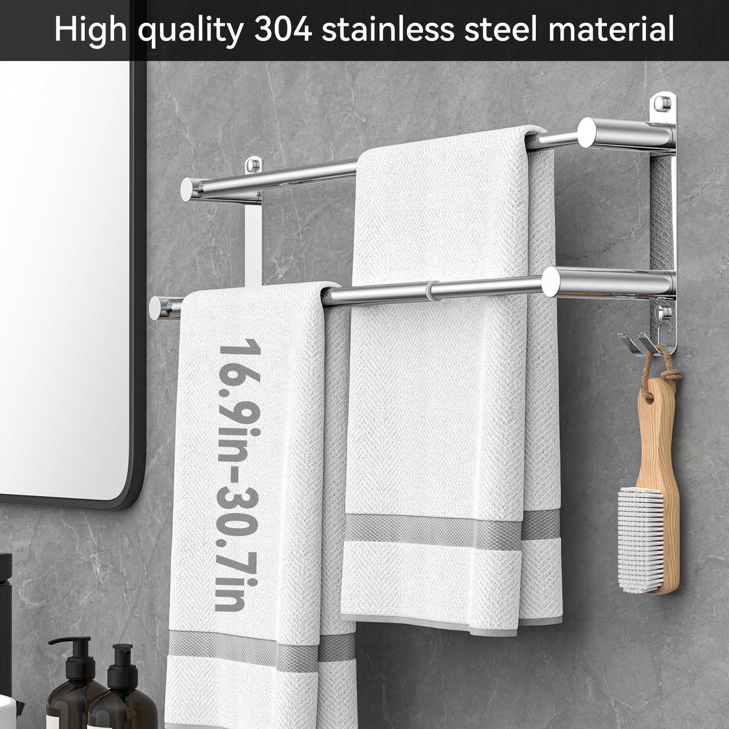 Adjustable Towel Bar for Bathroom Wall Mount17-30.7inch Adhesive Shower Towel Rack Stainless Steel Bath Towel Holders for Toilet Kitchen Double Towel Hanger (Double Towel Rack)