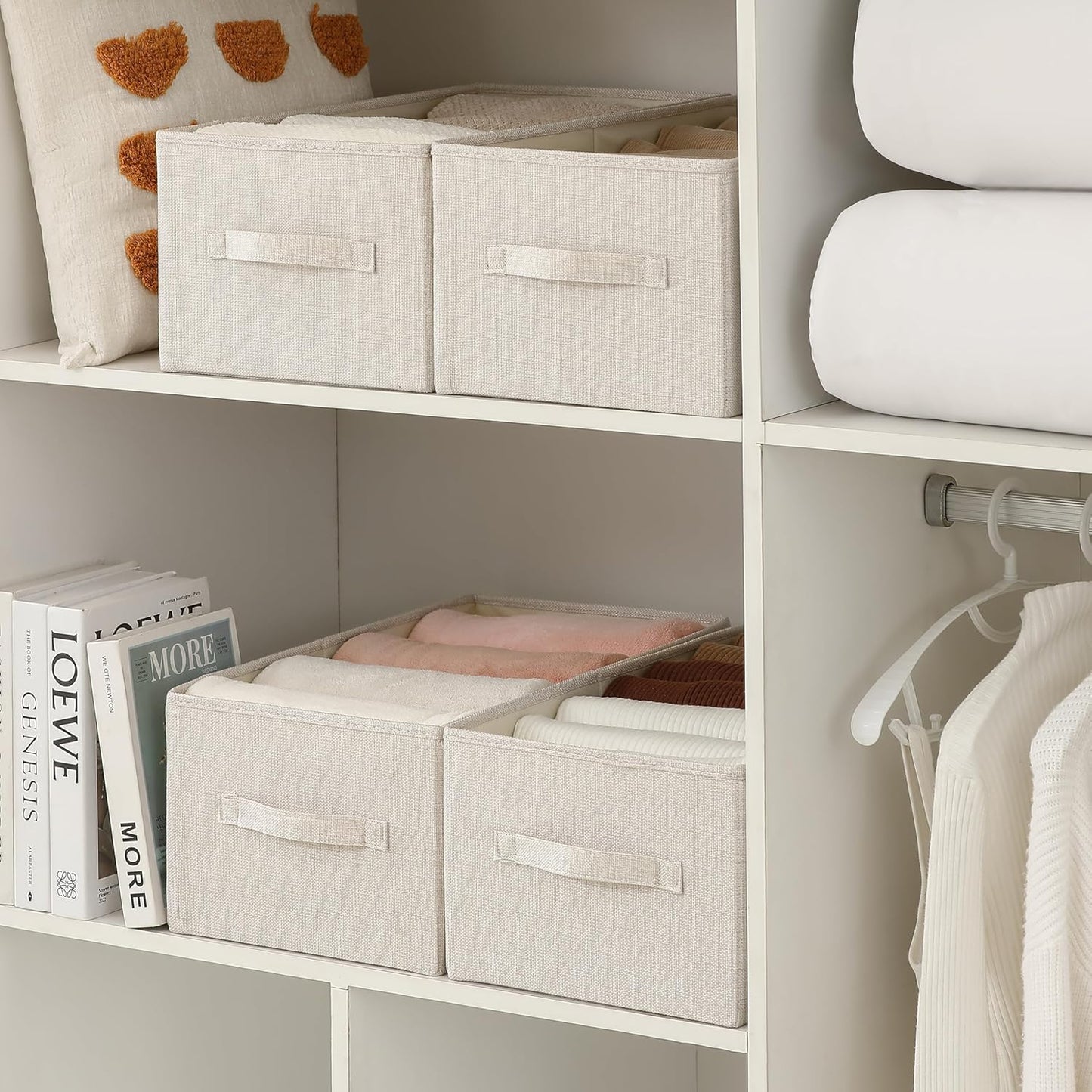 Linen Folding Storage Bins, 3 Pack Large Storage Baskets, Washable, Clothing Storage Bins with Handle, Closet Organizer for Storage Sweater,Sheets(Beige, 18½"x11" x8½")